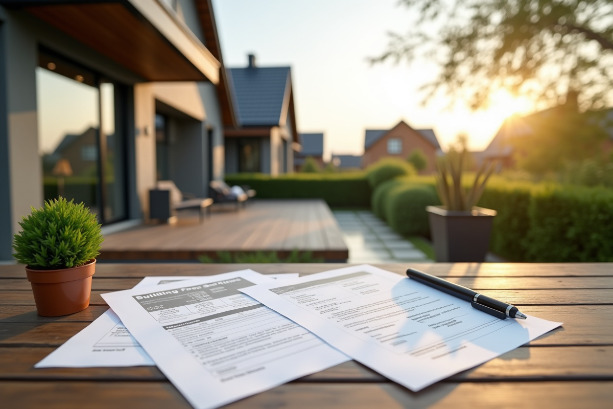 Terrasse moderne avec papiers et permis de construire sur une table