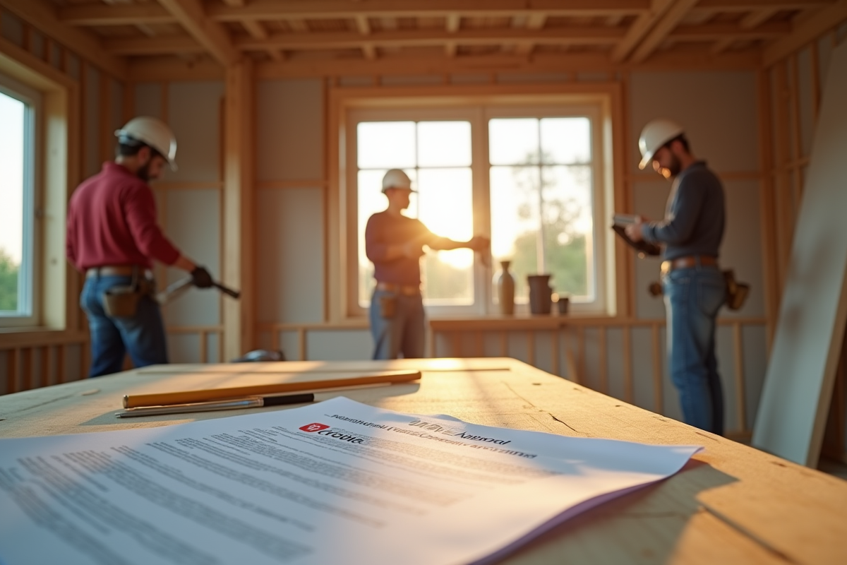 Ouvriers rénovant intérieur d une maison avec document Crédit Agricole