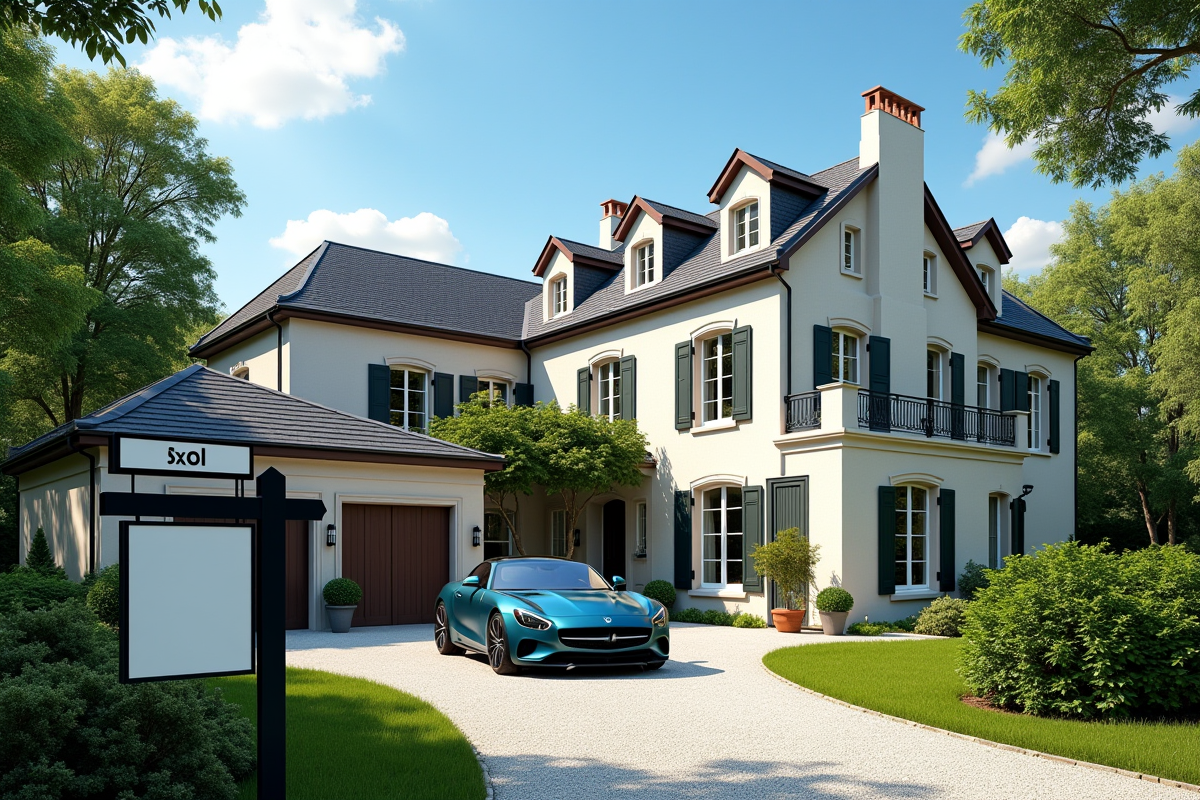Villa de luxe avec panneau vendu et voiture haut de gamme