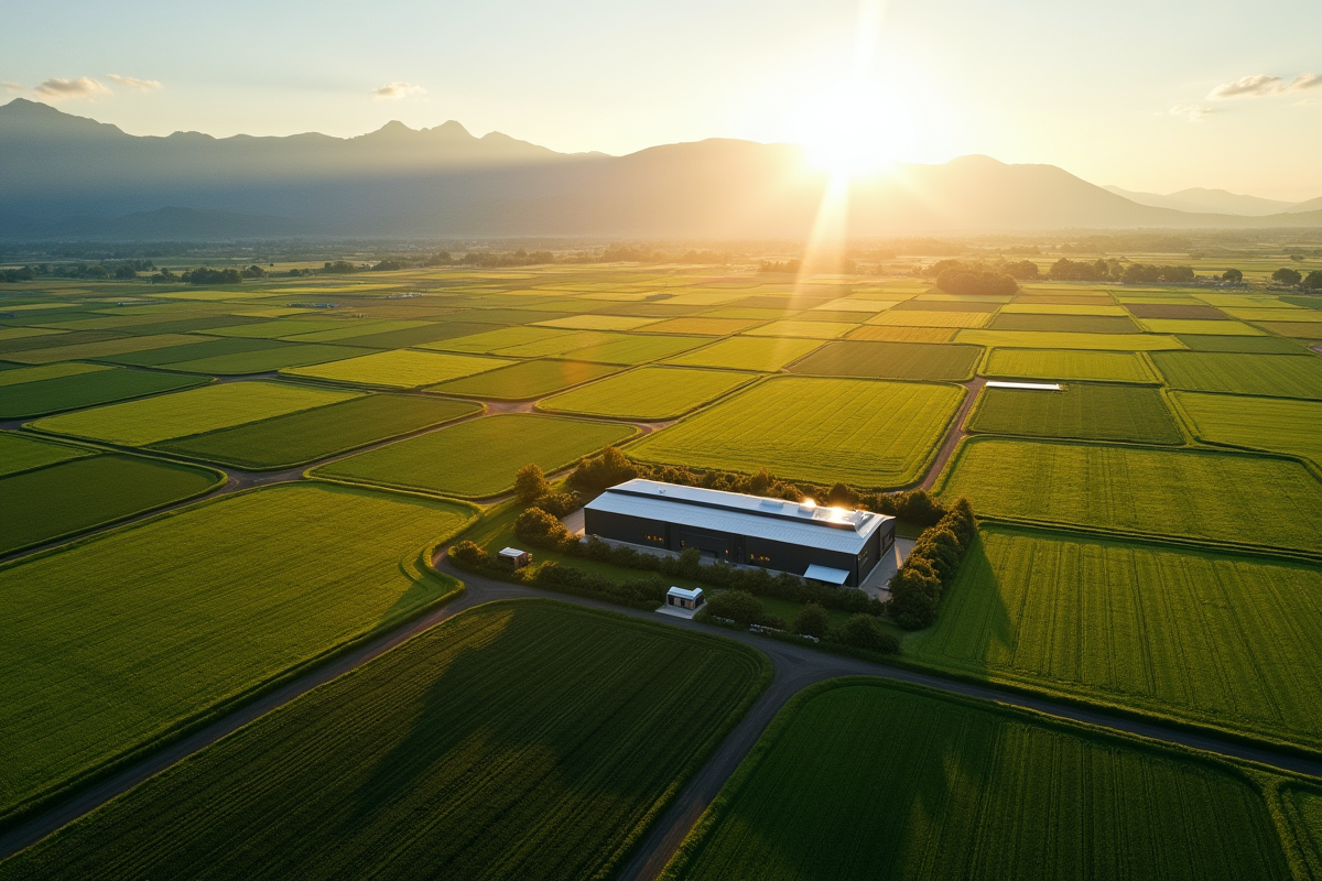 Vue aérienne de champs agricoles avec bâtiments modernes et montagnes